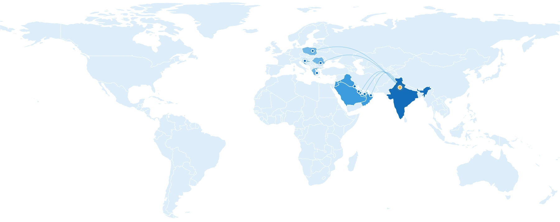 Political world map showing our recruitment destinations across the Middle East, Europe and Asia